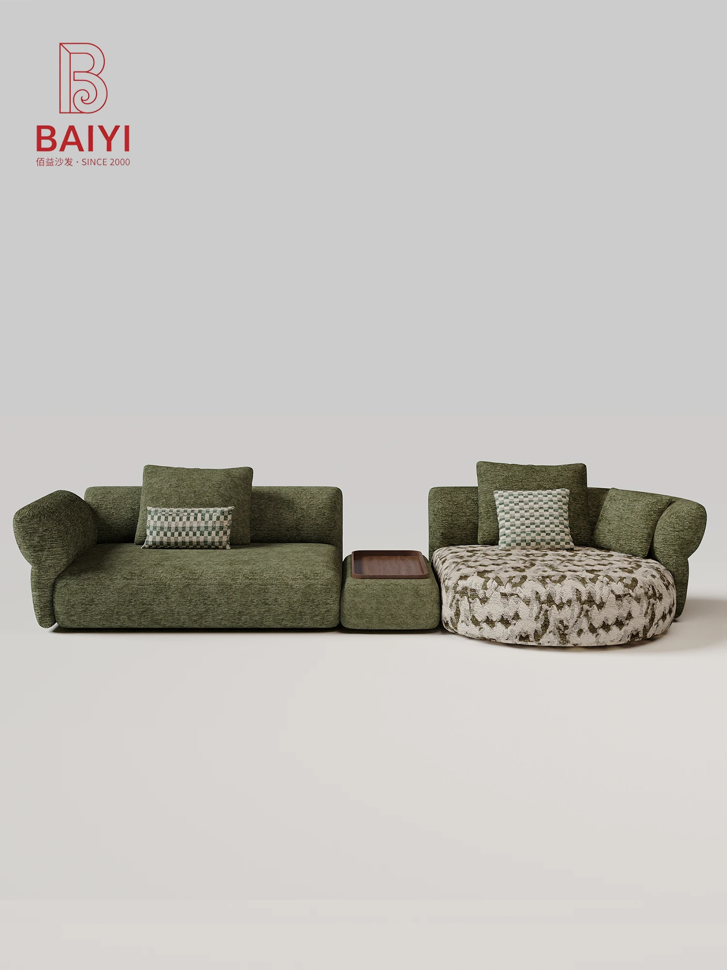 Olive Green Modular Sofa Set With Center Side Table Curved Wrap Armrest Round Ottoman For Living Room Villa Bedroom Home