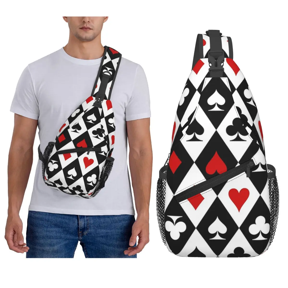 Playing Cards Suit Symbols Chest Bag Men Sling Crossbody Backpack Chest Bag Traveling Hiking Daypack Shoulder Bag