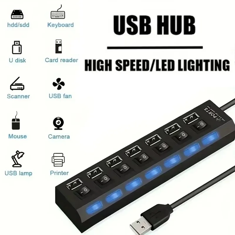 7 Port USB 2.0 Hub Splitter For PC Notebook MacBook Desk Power Adapter Separate Switch Design Computer Accessory Splitter Box