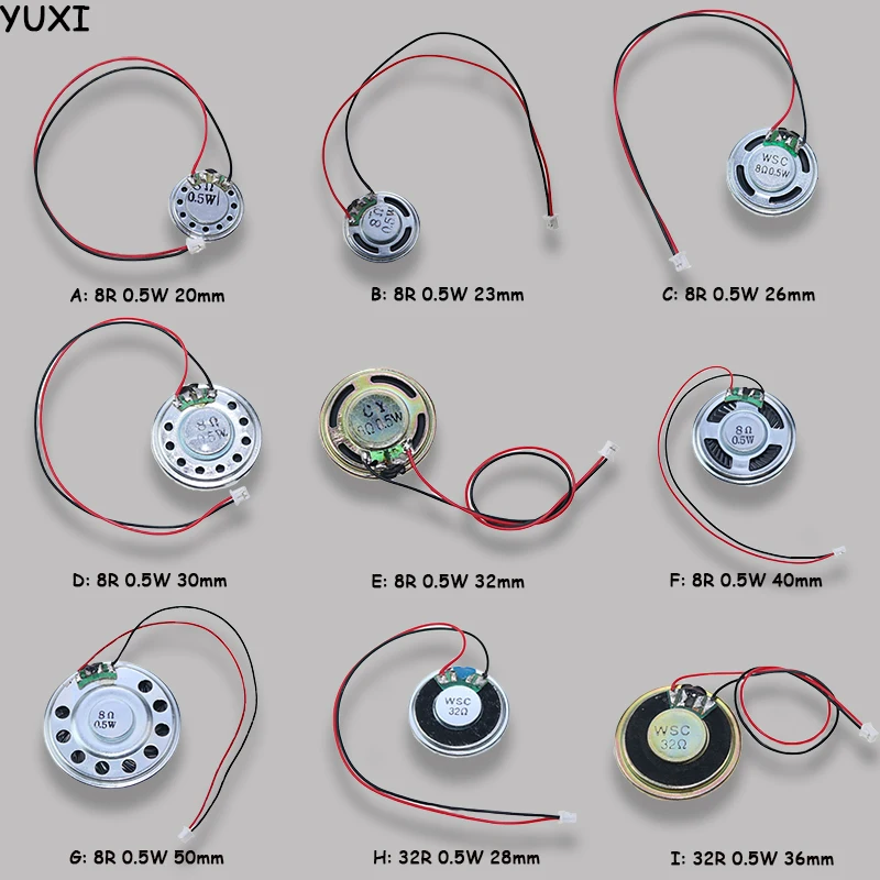 YUXI 10PC Speaker Ultra Thin Speaker For 8R/32R 0.5W Diameter 20/23/26/28/30/32/36/40/50mm with MX Cable+1.25mm Terminal