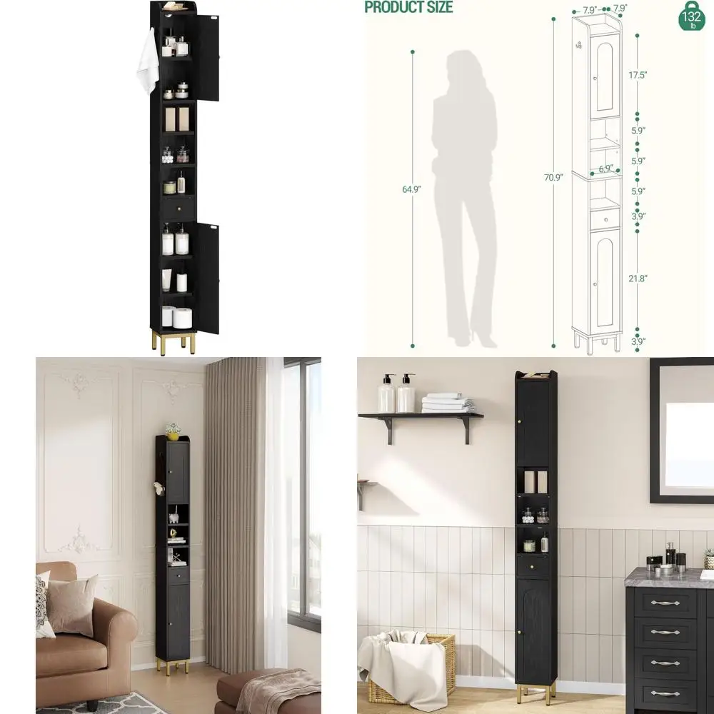 

Компактный высокий черный шкаф для хранения в ванной комнате с регулируемыми полками, 7.9Г x 7.9Ш x 70.9В (дюймы)