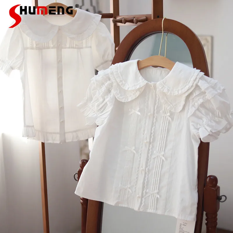 Japanese Soft Girl Sweet Cute Lolita Inner Shirt Doll Collar Short Puff Sleeve Single-breasted Loose Versatile Shirts Tops Women