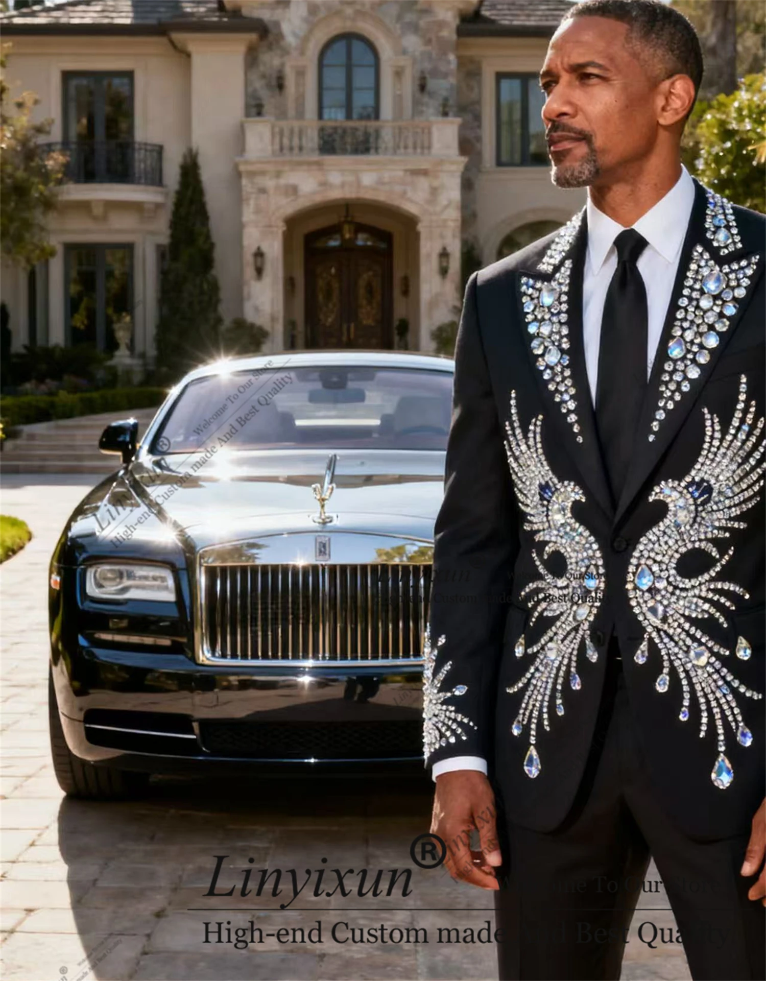 

Advanced Design Beaded Diamond Men Suis 2 Pieces Wedding Groom Tuxedo Customized Slim Handsome Male Prom Blazer Costume Homme