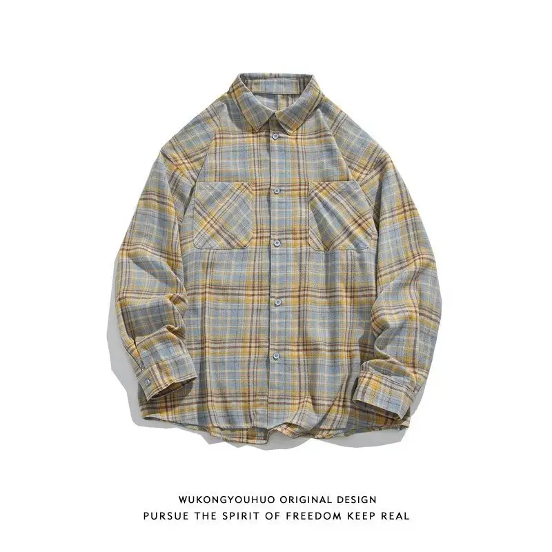 

2026 Contrasting Color Long-sleeved Shirt Men's Spring Retro Small Fragrant Style Couple Coat Vibe Loose Plaid Shirt