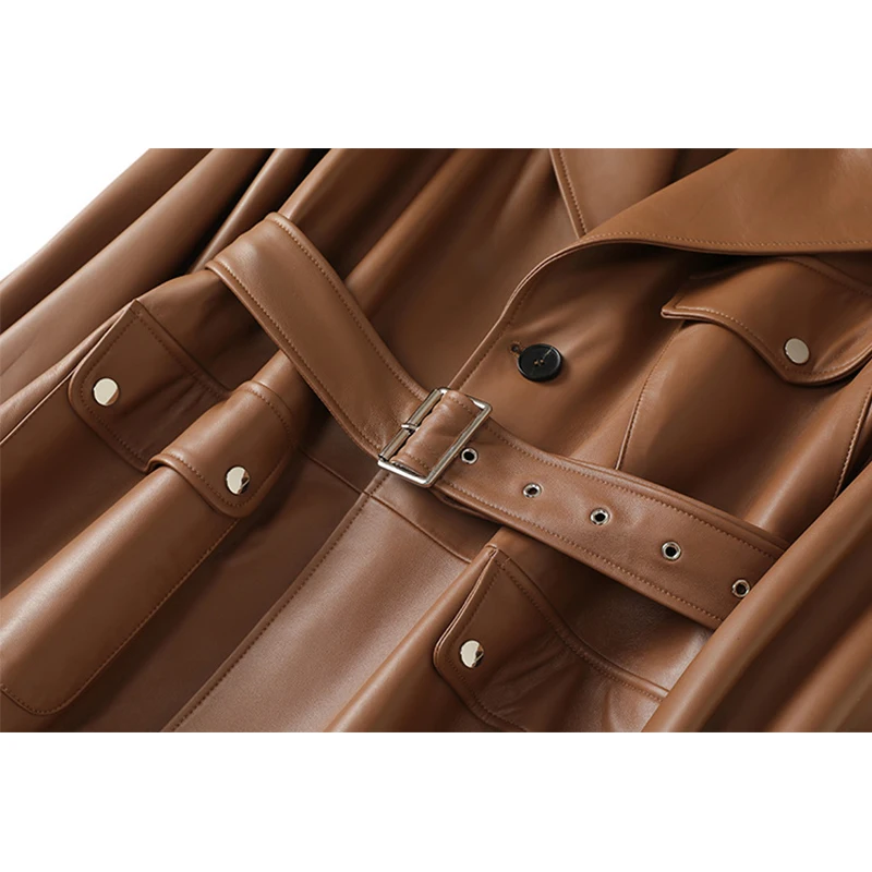 2025 Herbst-Trenchcoat aus 100 % echtem Leder, stilvoll, großes Revers, Silhouette, Schaffell, lange, tiefe Schulter, Schnür-Trench-Outwear
