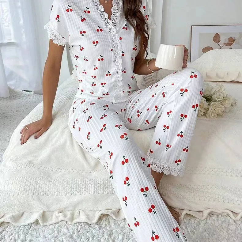 New 2 Piece Set Lace Shirts Short Sleeve V-Neck Top Summer Nightclothes Cherry Print Women Elegant Pajamas Long Pants Sleepwear