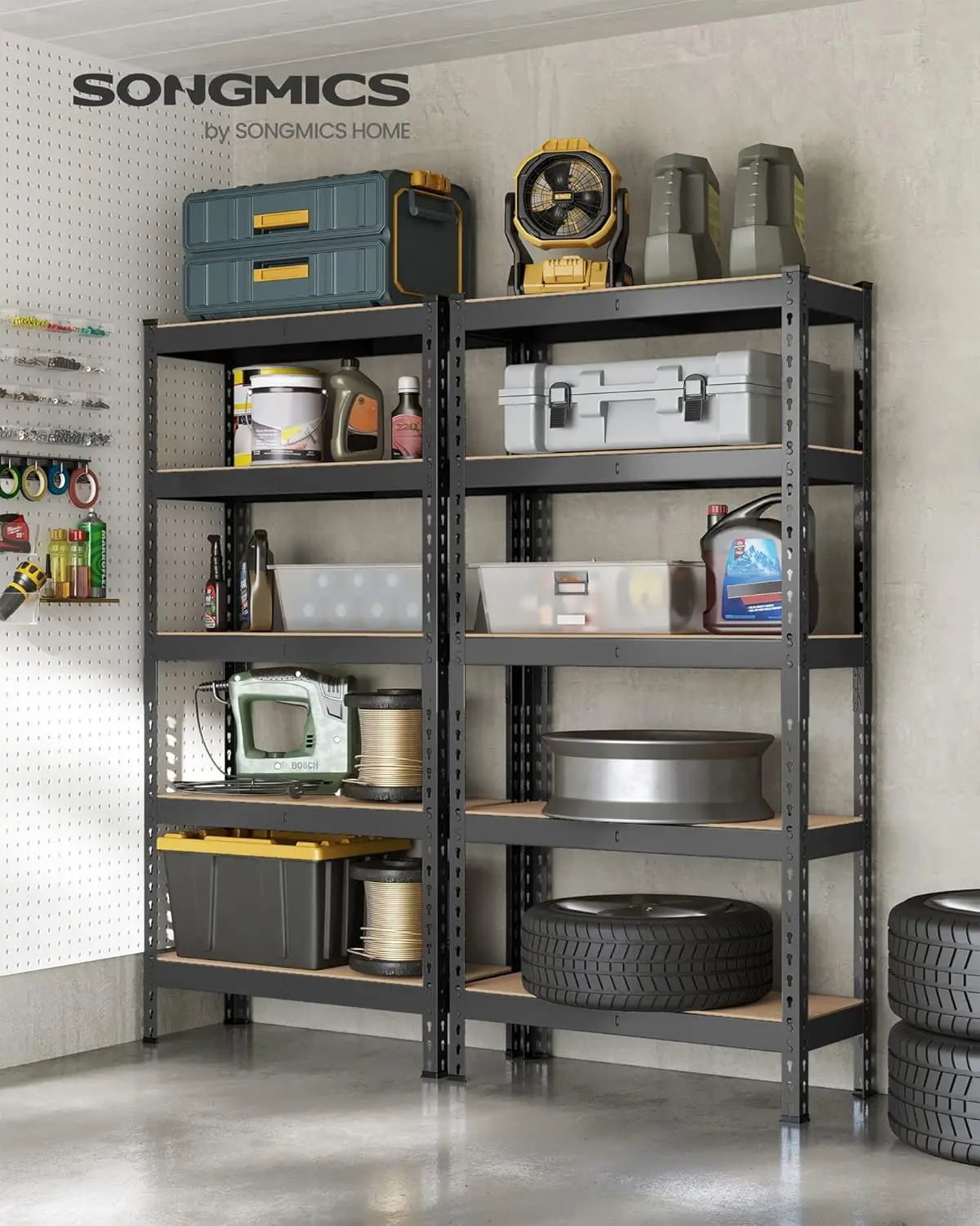 5-Tier Storage Shelves, Set of 2 Garage Storage, Boltless Assembly, Adjustable Shelving Units, 11.8 x 29.5 x 59.1 Inches, Load 1