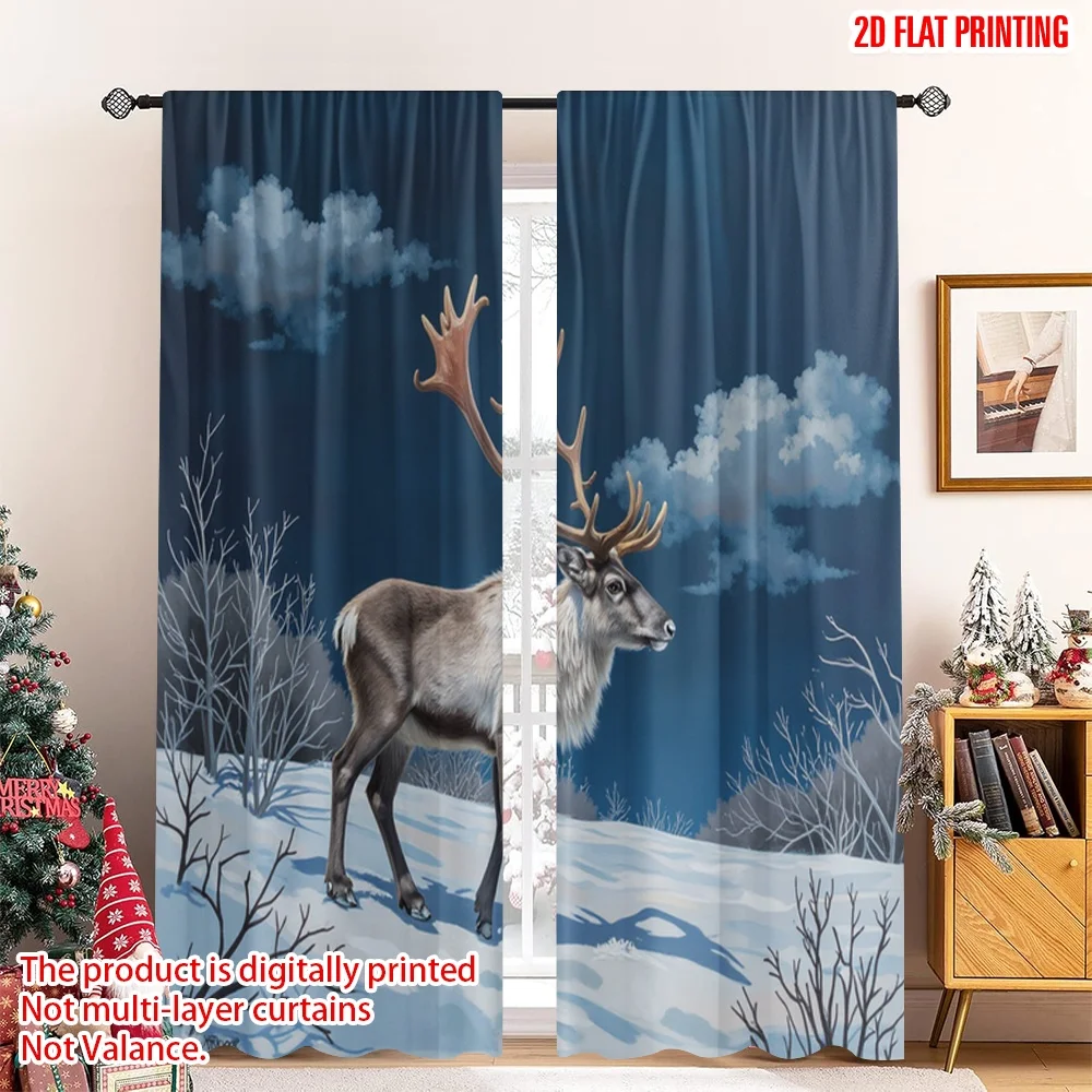 

2pcs 2D flat printing Merry Christmas Popular Curtain Reindeer Winter Forest Polyester Fabric Without Electricity Family Party