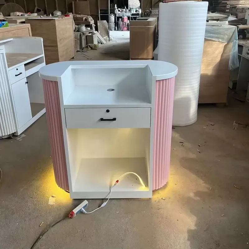 Modern Luxury Beauty Salon Front Desk Reception Counter with Customized LED Lighting for Fashion Salon Shop Checkout Area