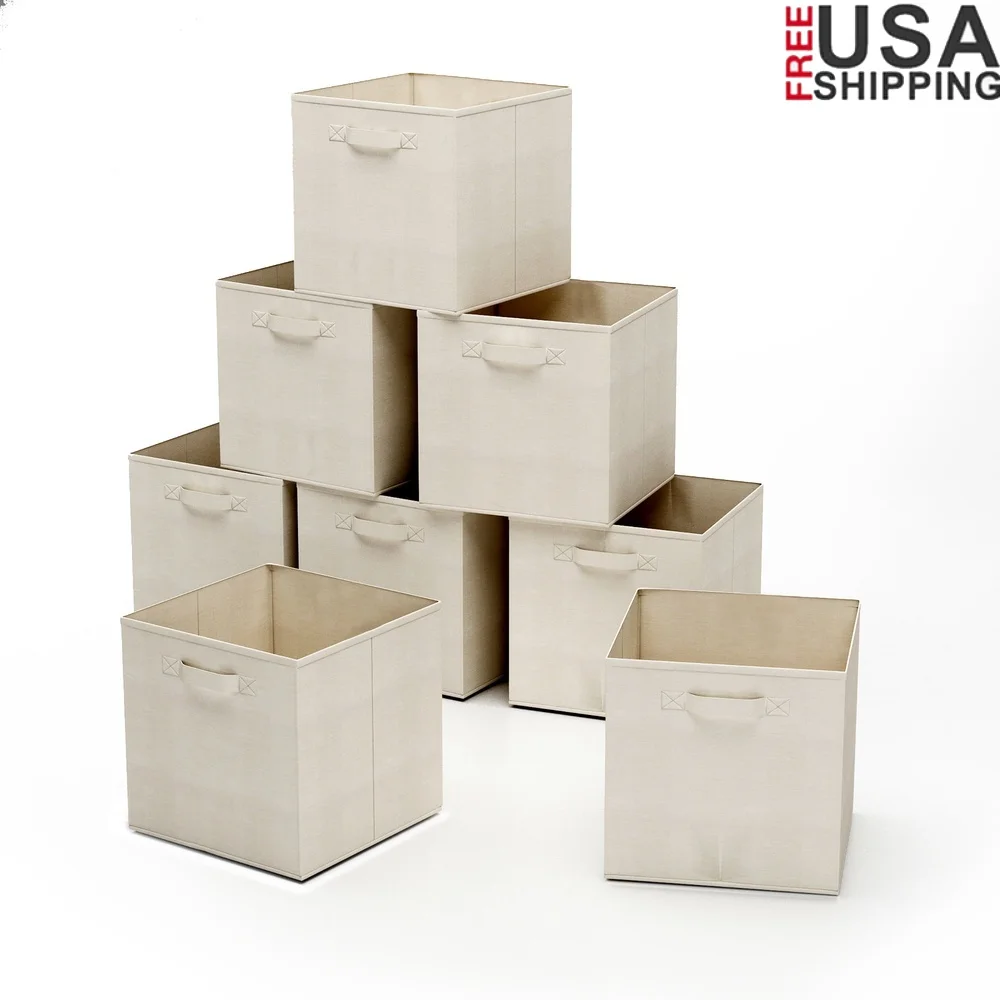 

8-Piece Collapsible Fabric Storage Bins Set Organizing Books Toys Clothes Easy-Care Non-Woven Polypropylene Beige