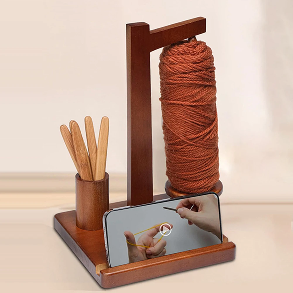 Wooden Yarn Holder Yarn Ball Holder with Phone Stand Yarn Spinner Rotatable Yarn Ball Storage Rack Crocheting Accessories