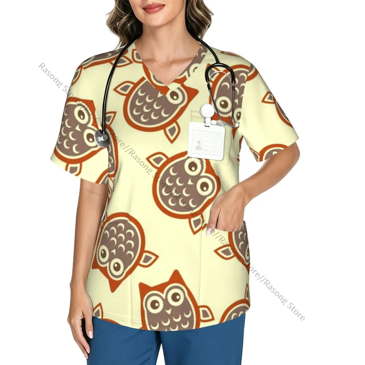 Elegant Owl Scrubs Medical Uniforms Women V Neck Short Sleeve Tunic Scrubs Tops Nursing Surgical Uniforms