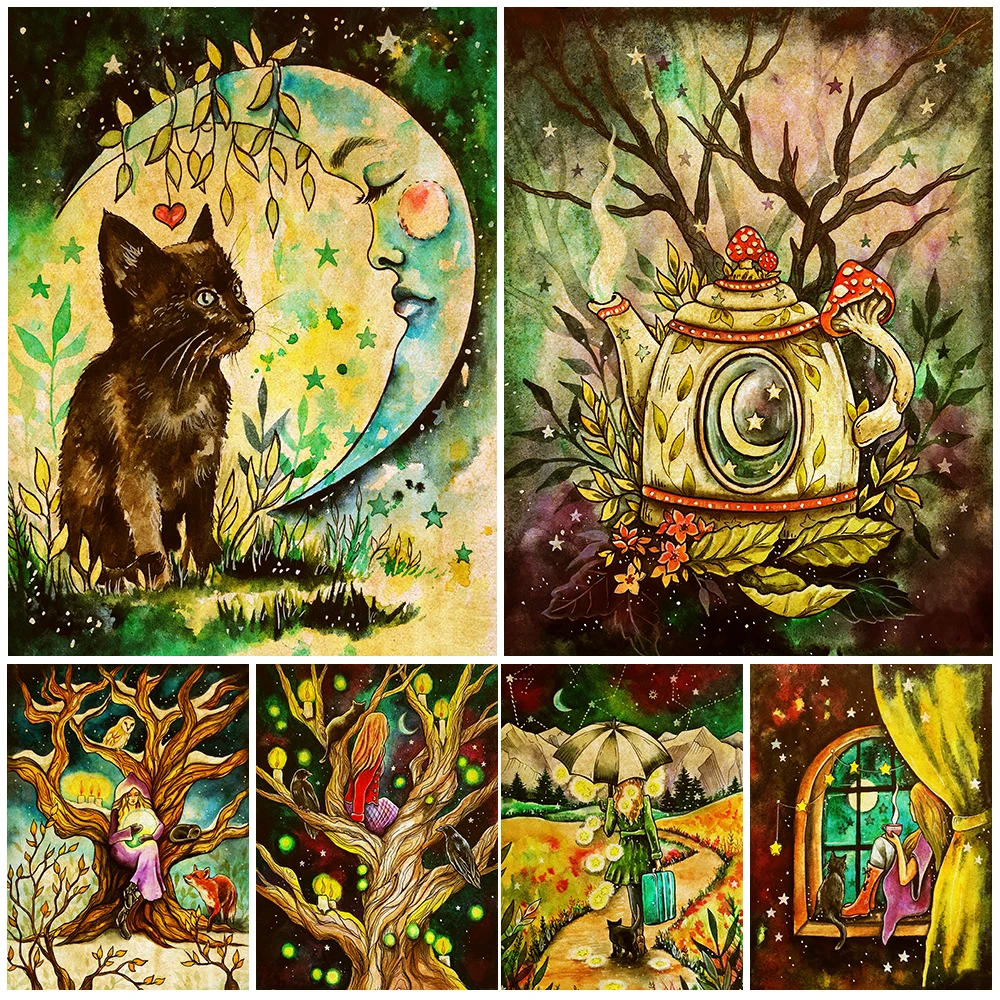 

Moon Witch,Shaman And Divination Witch Wall Art Canvas Painting Mysterious Paganism Art Poster And Print Home Decor Unframed