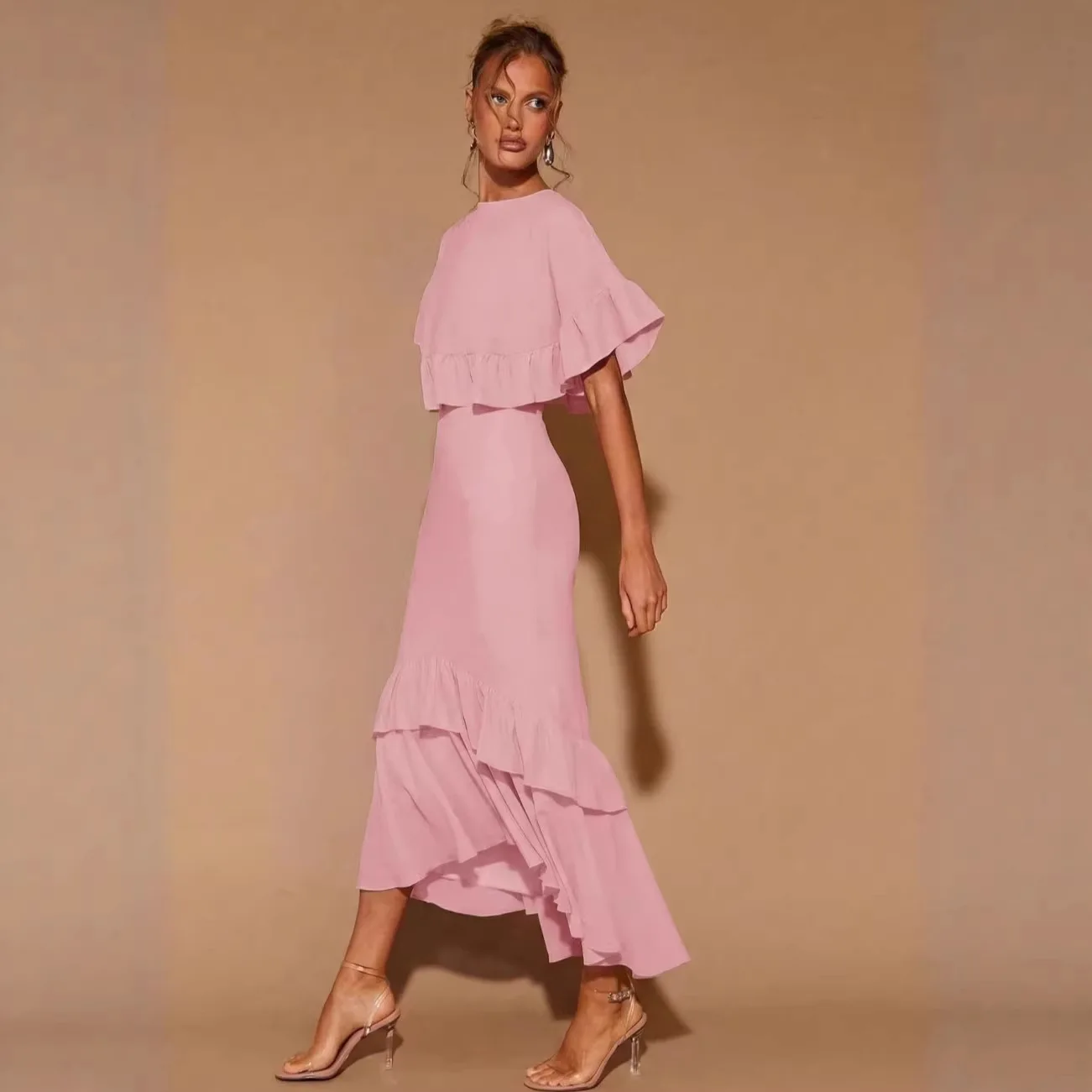 Women's Lay Off Clothes With Ruffled Sleeves, Slim-fit Solid Color. Two-piece Set Suitable For Summary And Work Clothing