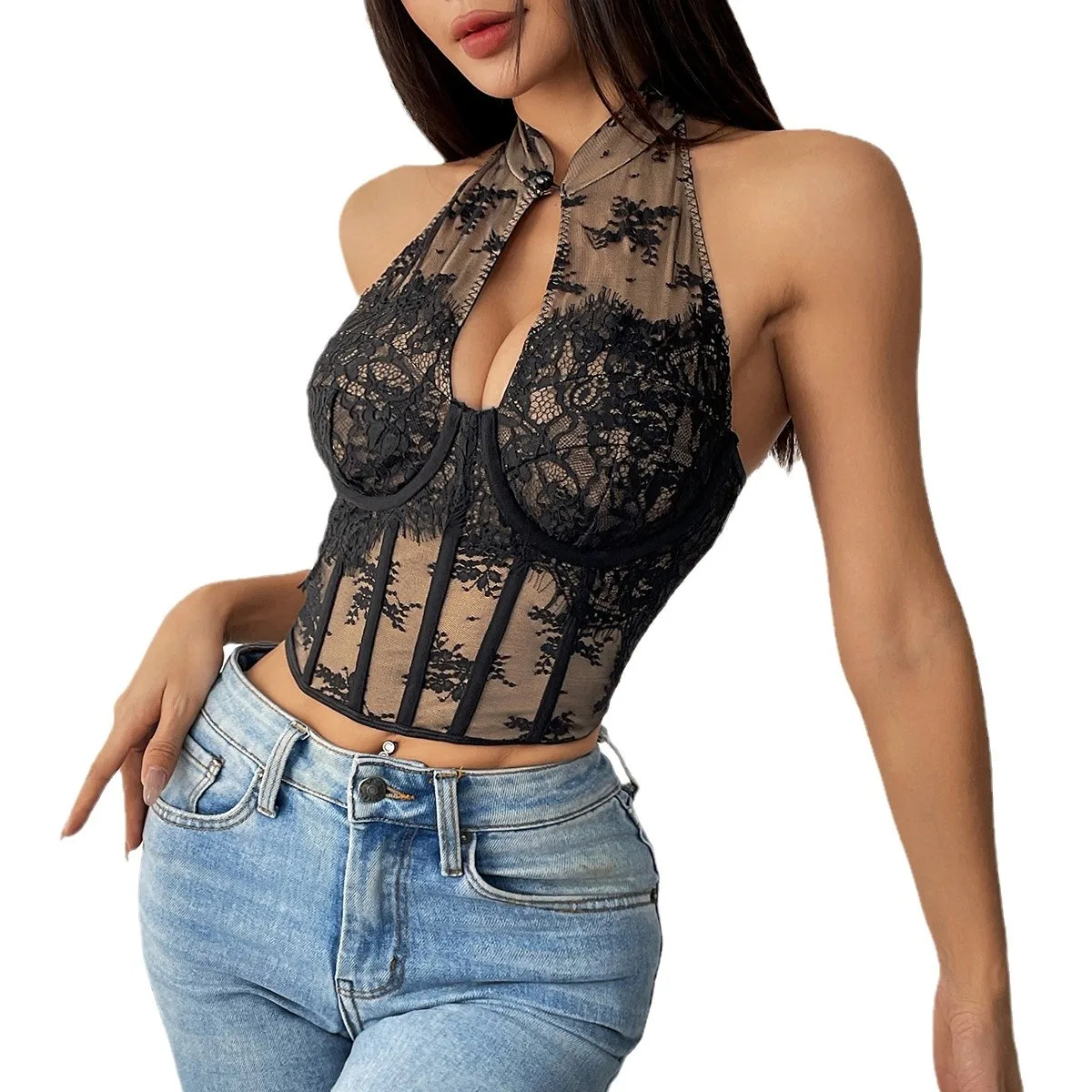

New Sexy Lace Chinese Cheongsam Style Neck Collar Slim Tube Top Breasted Fishbone Backless Tank Top Corset Y2k Top