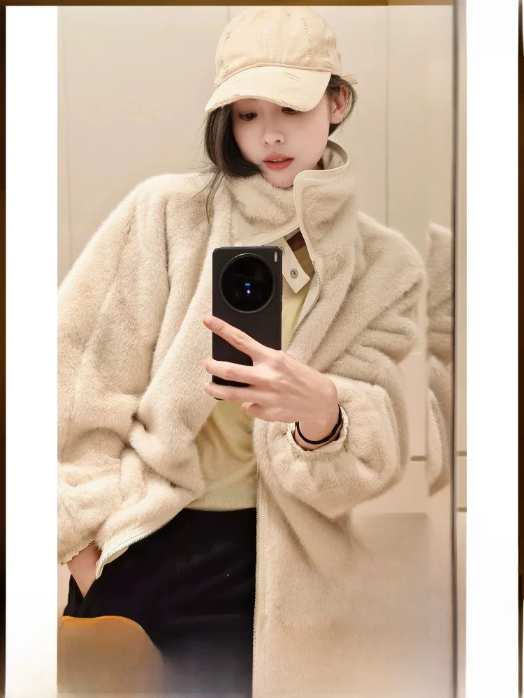 

Meiyang Double-Sided Wearable Machine Washable Plush Stand Collar Jacket Women's Loose Fit Polyester Fiber Long Sleeve Coat
