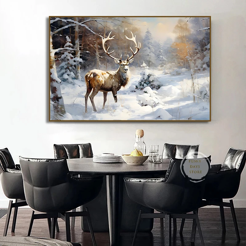 لوحة قماشية بمناظر طبيعية شتوية عتيقة ، غزال ، طائر ، ثعالب ، جبل ، ثلج ، غابة ، منزل ، صنوبر ، جدار R ، ملصق مطبوع ، ديكور منزل ريفي #4