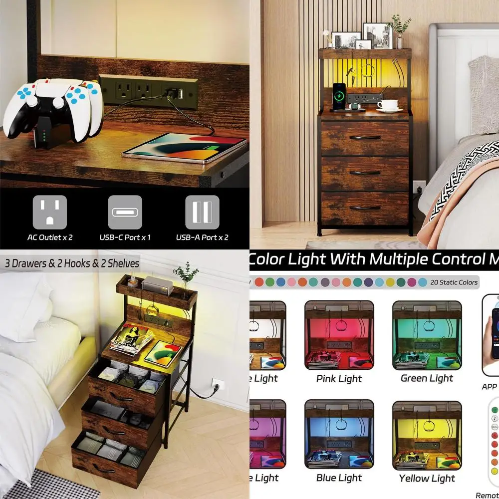 

Прикроватная тумбочка с 3 ящиками в деревенском стиле, зарядной станцией, светодиодной подсветкой, полкой для хранения и крючками