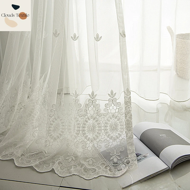 1PC White Tulle Embroidered Flower Screen Curtains for Living Room Bedroom Modern White Window Balcony Curtain Белая Пряжа