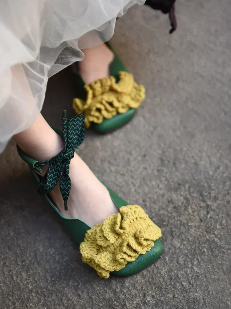 Artmu Original High Top Mary Jane Shoes Women Square Toe Strap Lace Up Spring Flats Genuine Leather Luxury Ladies Green Shoes