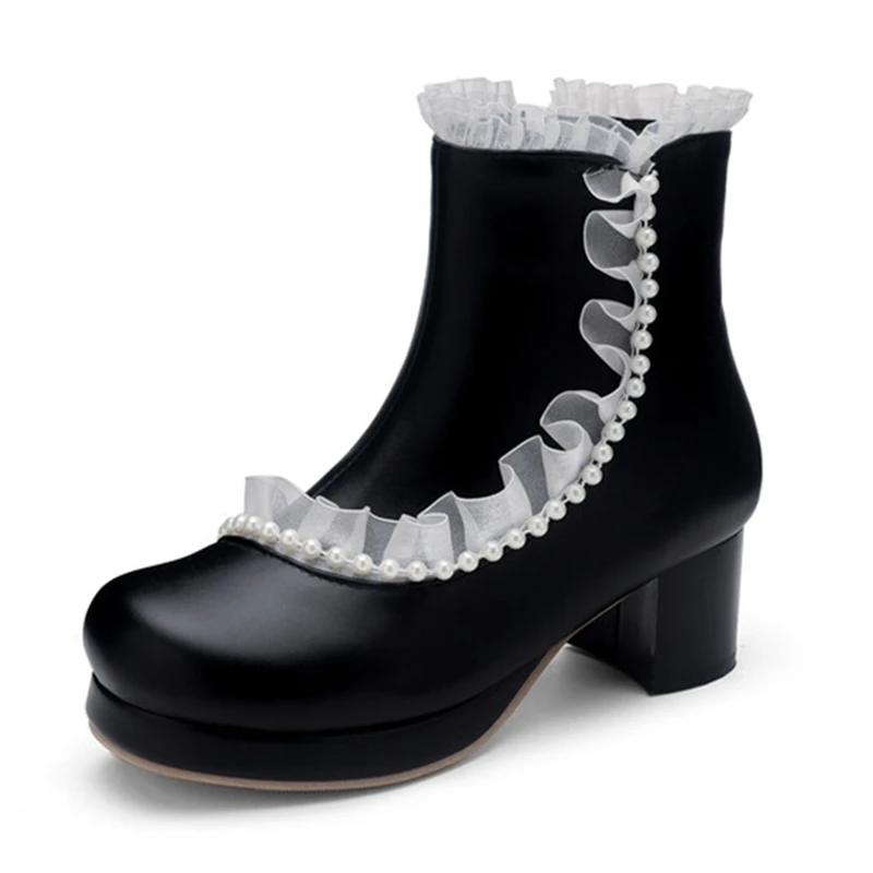 

SIMLOVEYO Обувь на блочном каблуке, большой размер 48 US17 US12, милые милые кружевные ботильоны, зимние ботинки с острым носком 5 см, горячая распродажа, женские и крутые ботинки