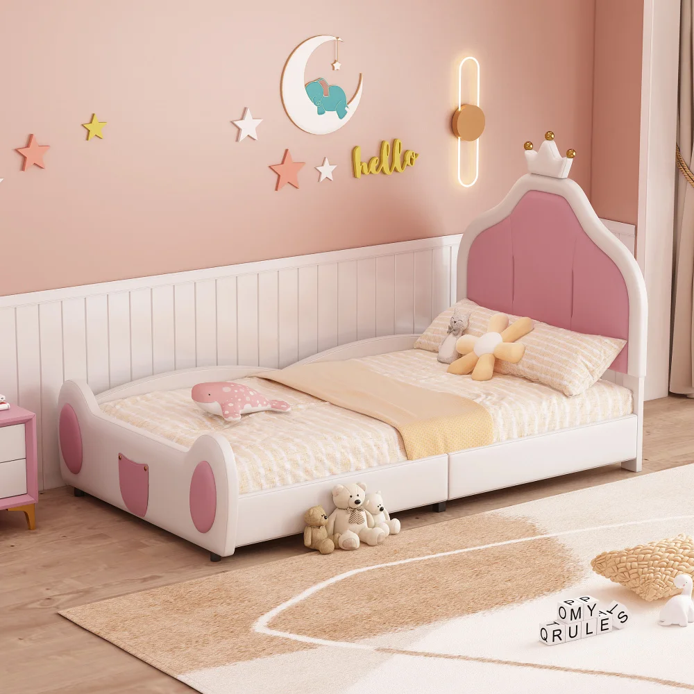 Children bed bed 90*200 cm Wreath Bar Headboard Patchwork Design Faux Leather fabric White