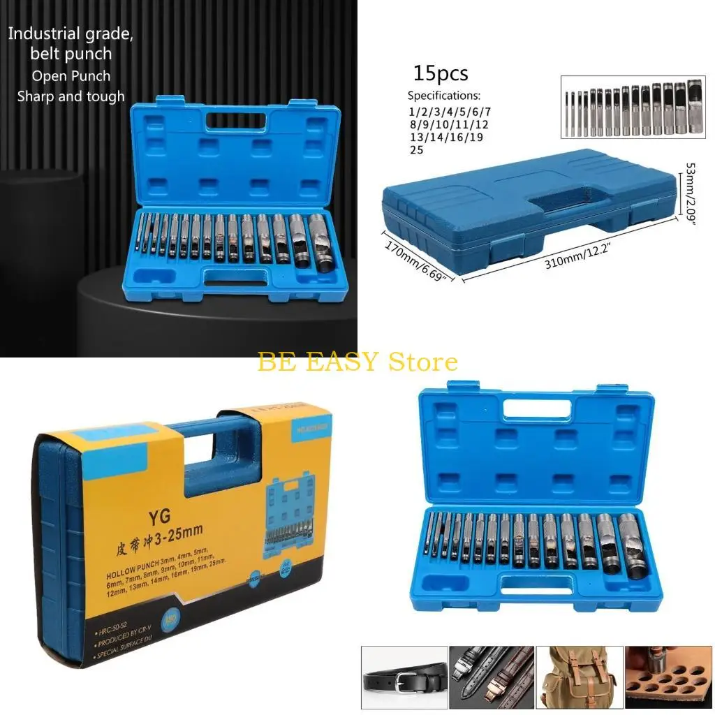 

E28F 15Pcs Hollow Punch Set Heavy Duty Round Leather Hole Punching Tool for Watch Cloth Belt Gaskets with Storage Case