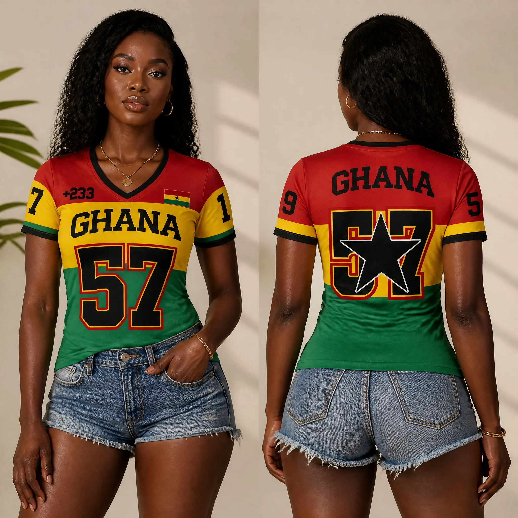 Ghana Fitted Football Jersey, Personalized Women's Soccer Shirt, Printed V-neck Short-sleeved Top, Ghana Flag Fan Gift