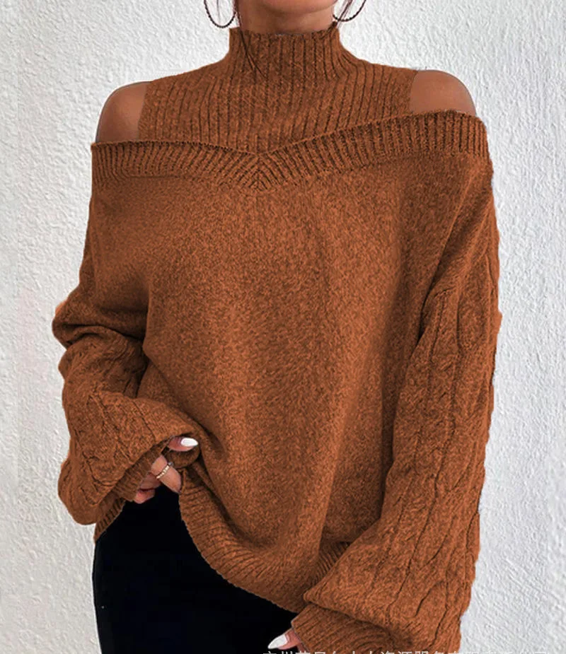 Vêtements d'hiver femme couleur unie à la mode pull à épaules dénudées manches longues demi col roulé tricoté manches longues pulls