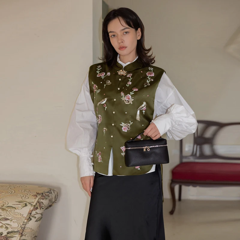 

Satin een Floral Handmade Brooch Pin Improved New Chinese Sle Vest Jaet Pearl Embellied Wealth Blossoming