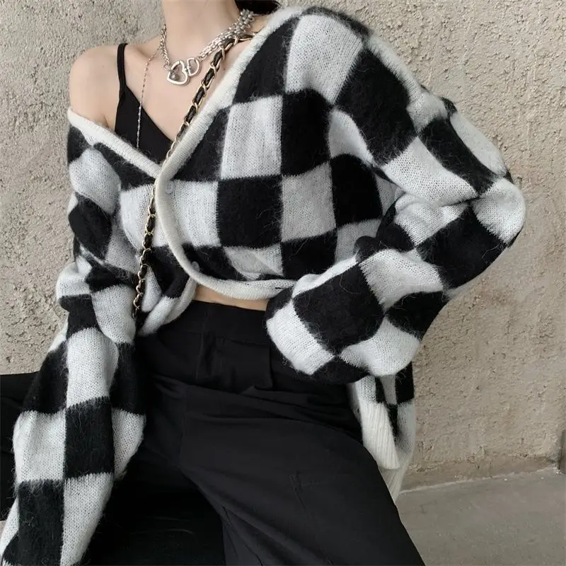 

Loose Vintage Plaid Knit Sweater Cardigans Women Goth V Neck Long Sleeve Single Breast Pull Femme Spring Autumn Y2k Tops 2023