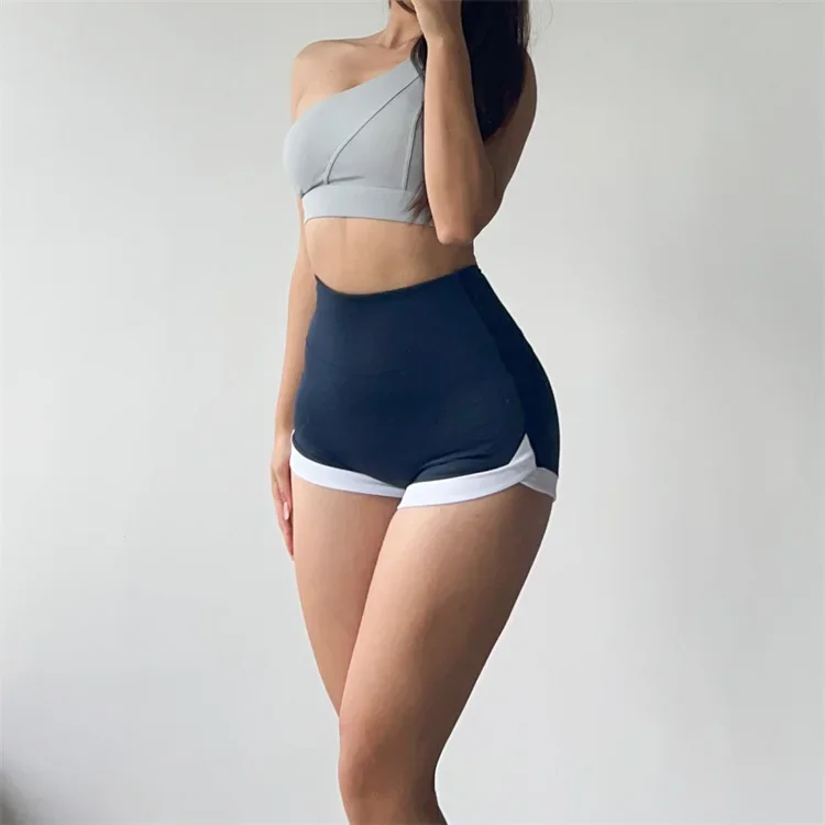 Color blocking sports shorts for women with high waist, tight fitting peaches, high hip lift, and high elasticity