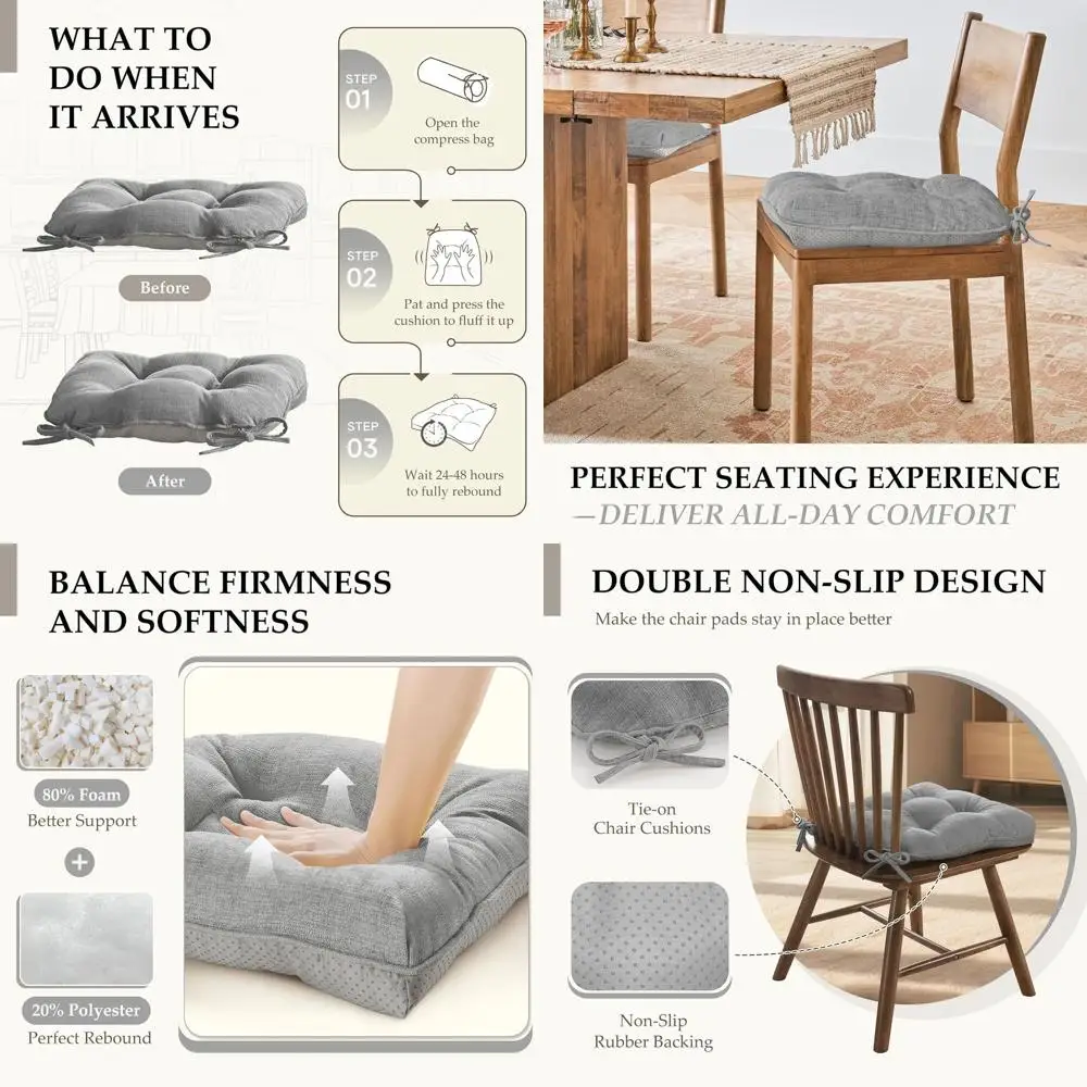 

Набор из 6 подушек для обеденного стула светло-серого цвета из синели с завязками и нескользящим дном, 17 x 17