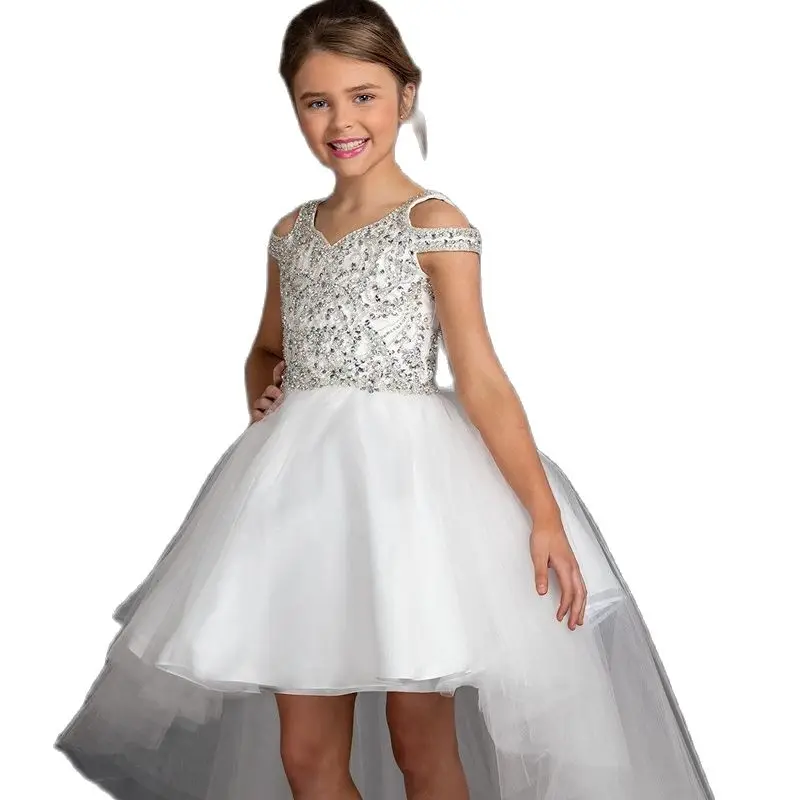 

Beaded Sheer Neck Flower Girl Dresses Satin Short Sleeves Ball Gown Kids Birthday Pageant Weddding Gown