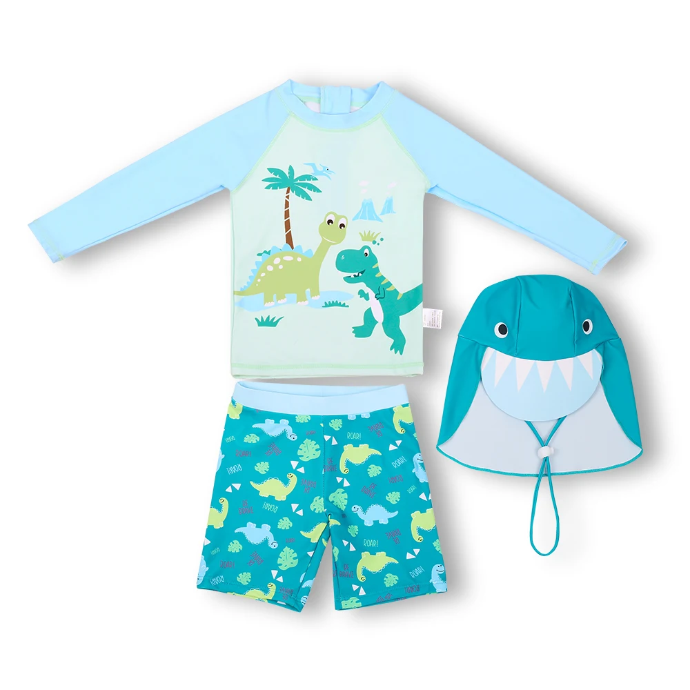 3 Pcs New Boy\'s Swimsuit Sun Protection UPF 50+ Long Sleeve Swimming Sunsuit With Hat Split Bathing Suits Children