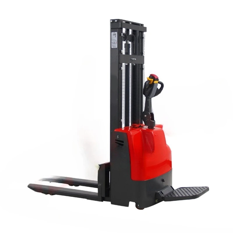 All electric station driven stacking forklift 1500kg pedal automatic lifting pallet stacker