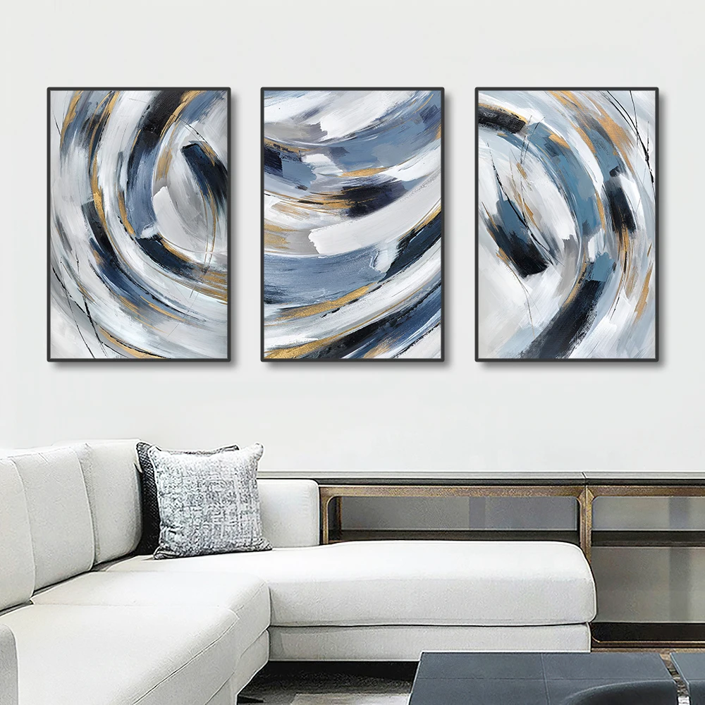 Juego de 3 Cuadros sin Marco, Pintura Abstracta Azul Grisácea con Anillos Anuales, Impresión Artística Nórdica para Decoración d