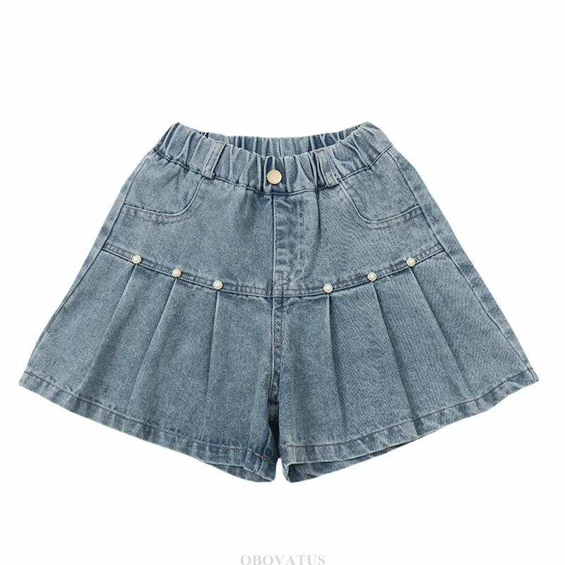 Summer Child Pleated Ruffle Shorts For Girls Fashion Street Style Denim Shorts With Pearls Kids Teenager Elegant Causal Clothes