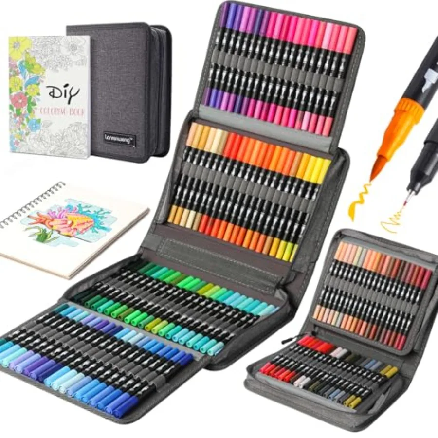 

120 Colors Duo Tip Brush Markers Art Pen SetLANRENWENG Fine Brush Tip Colored Pens Set with Canvas Bag Markers for Adult Colori