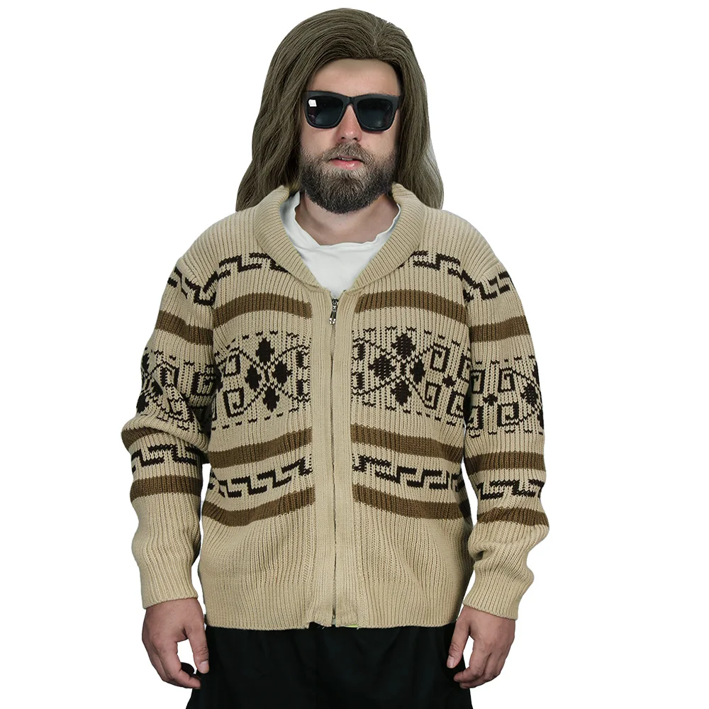 

Movie The Big Lebowski Cosplay Sweater Jeffrey Lebowski Khaki Zipper Cardigan Jacquard Knitted Sweater Men Halloween Outfits