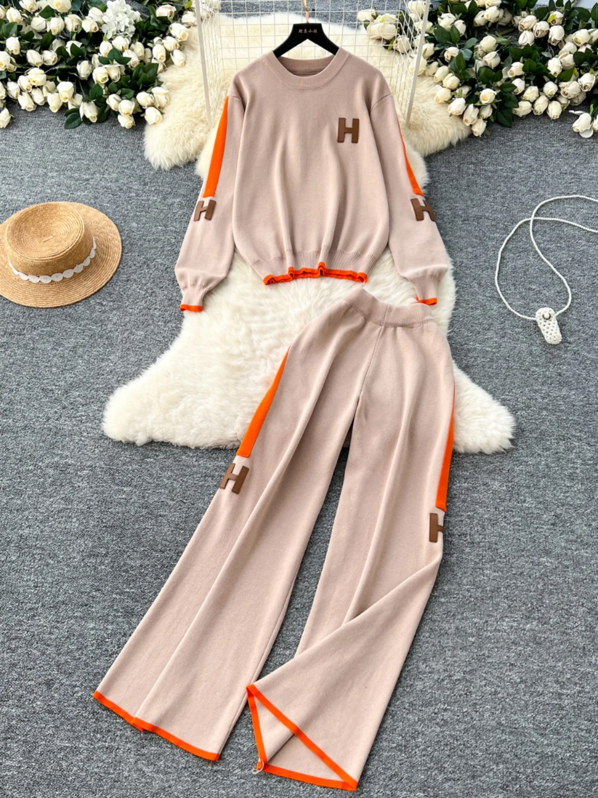 

Spring Faion Lazy Sle Women's Knitted Sweater Embroidered Letter Wide Leg Pants High Waist Long Sve Casual Wear