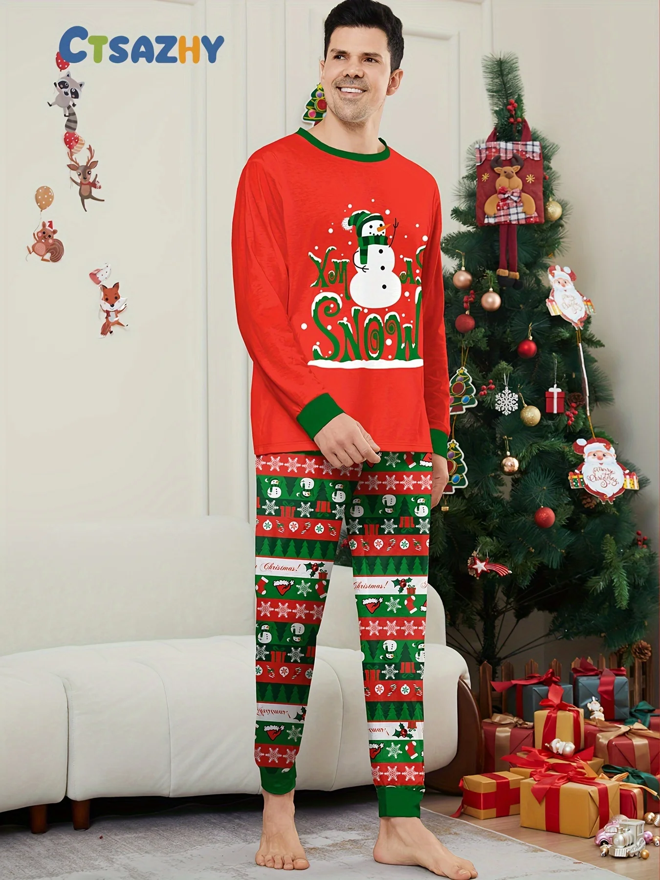 

Merry Christmas Family Matching Outfits Clothing Snowman Print Pajamas Set 2 Pieces Suit Sleepwear Xmas Look Pijamas men