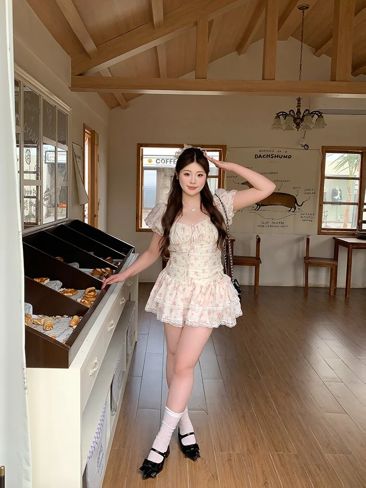 

CDSOUL plus Size Floral Print Sweet Cute Bubble Sleeve Top And Skirt Set Women's High Waist Cake Skirt Short Sleeve Summer Ou...