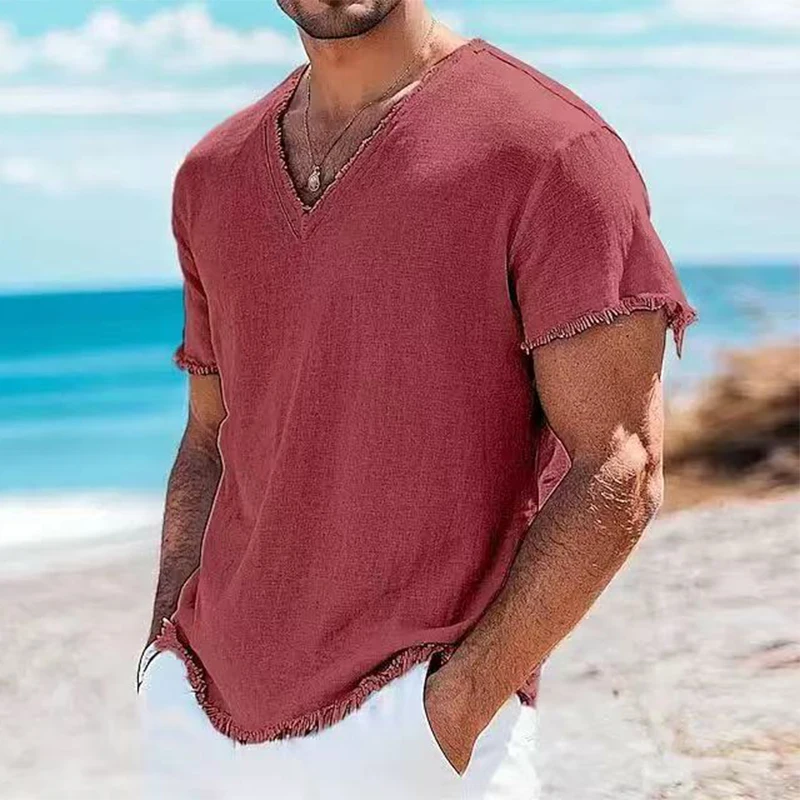 Seaside Beach Casual Men's Linen T Shirts Summer Fashion Solid Color Breathable T-shirt Mens Outdoor Vintage V Neck Ripped Tops