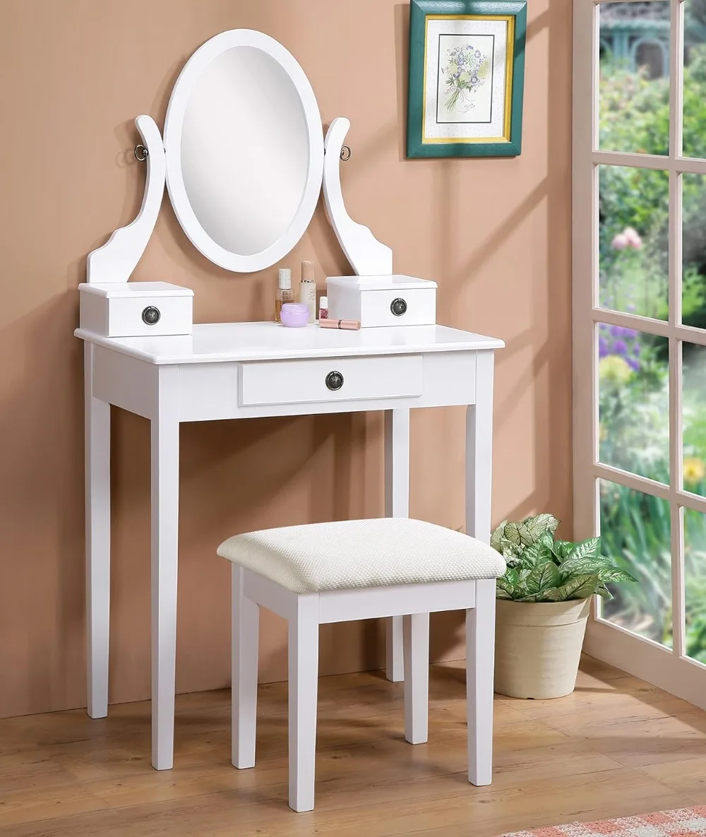 

Столик с раковиной Roundhill Moniya, белый деревянный столик с раковиной и стул (3415WH), зеркало и стул, 3 ящика для хранения