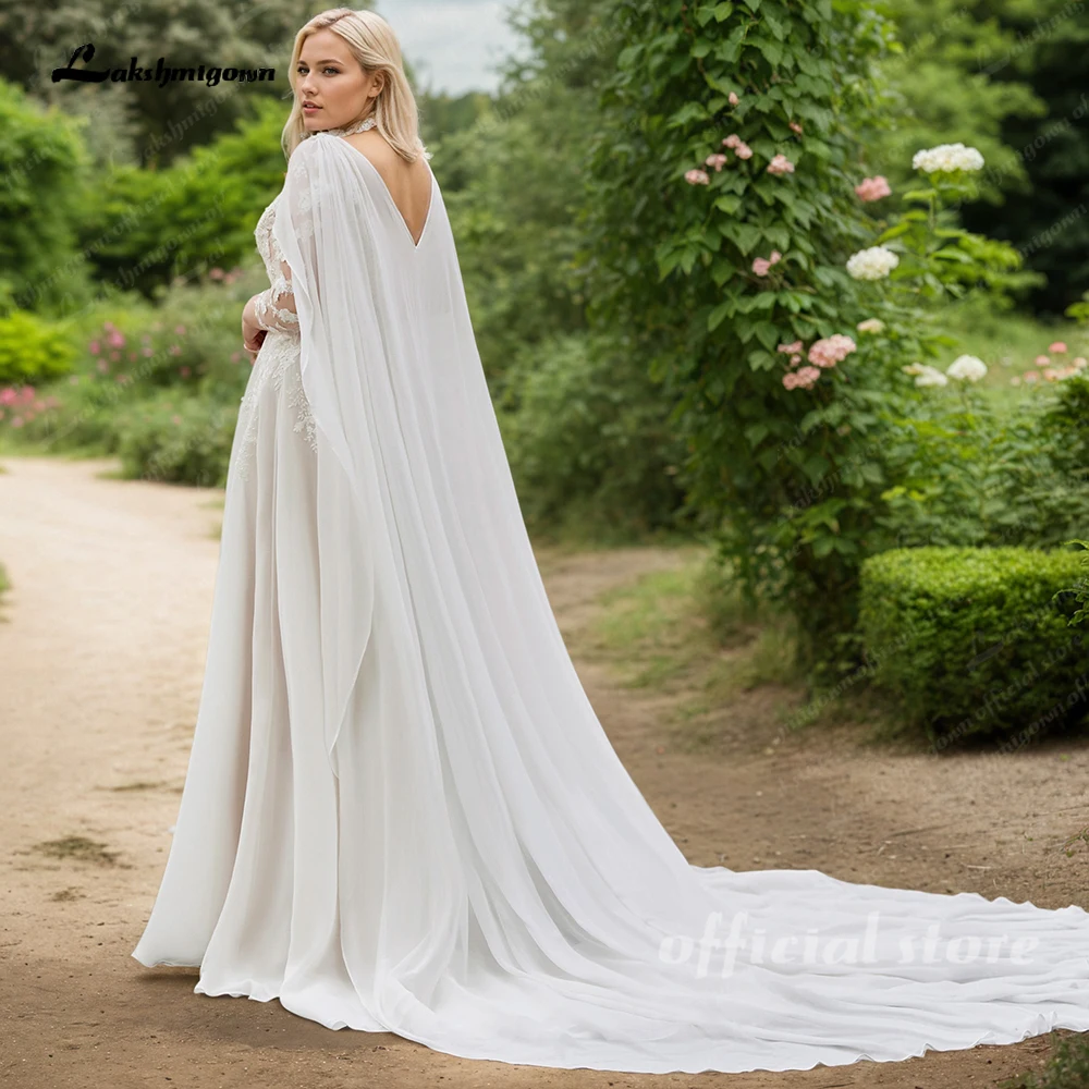 Lakshmigown Plus Size Long Sleeves Wedding Dress with Cape For Woman A Line Lace Appliques Vestidos De Casamento Customized