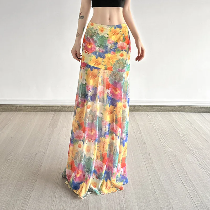 여름 유화 색상 로맨틱 레트로 스파이시 걸 스타일 비치 드레스 미디 길이 스커트