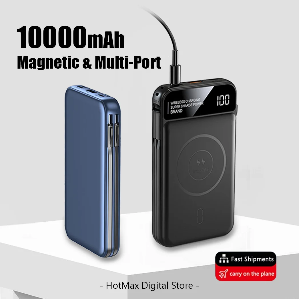 Banco de energía magnético para iPhone, carga rápida inalámbrica de 10000 mAh, pantalla Digital de 5W, interfaces cuádruples con Cable de alimentación móvil para iOS