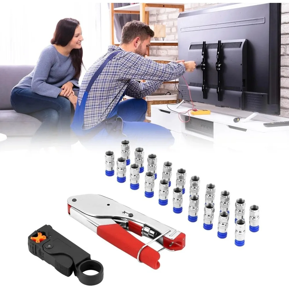 Set di Pinze per Cavi Coassiali – Pinza di Compressione Regolabile per RG6/59 – Include Pinza per Spellare Cavi Coassiali e 20 Connettori F