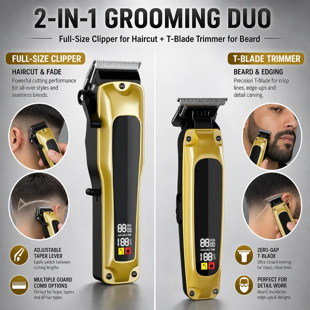 Professional Hair Clipper Men Grooming Kit Cordless 2 in 1 Beard Trimmer Set 1800mAh 5700RPM LED Display Barber Haircut Machine